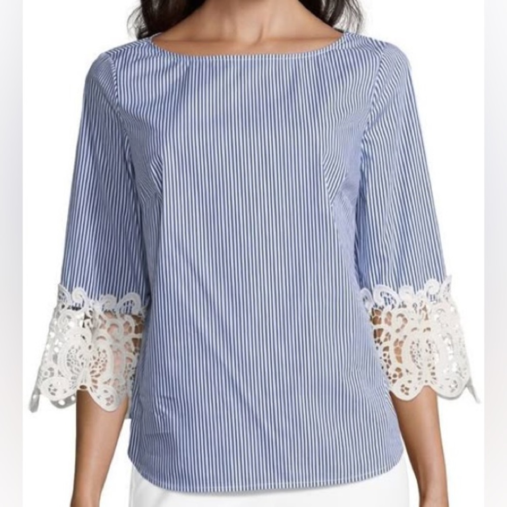 Grand & Greene Blue and White Striped Blouse with Lace Sleeves Size S